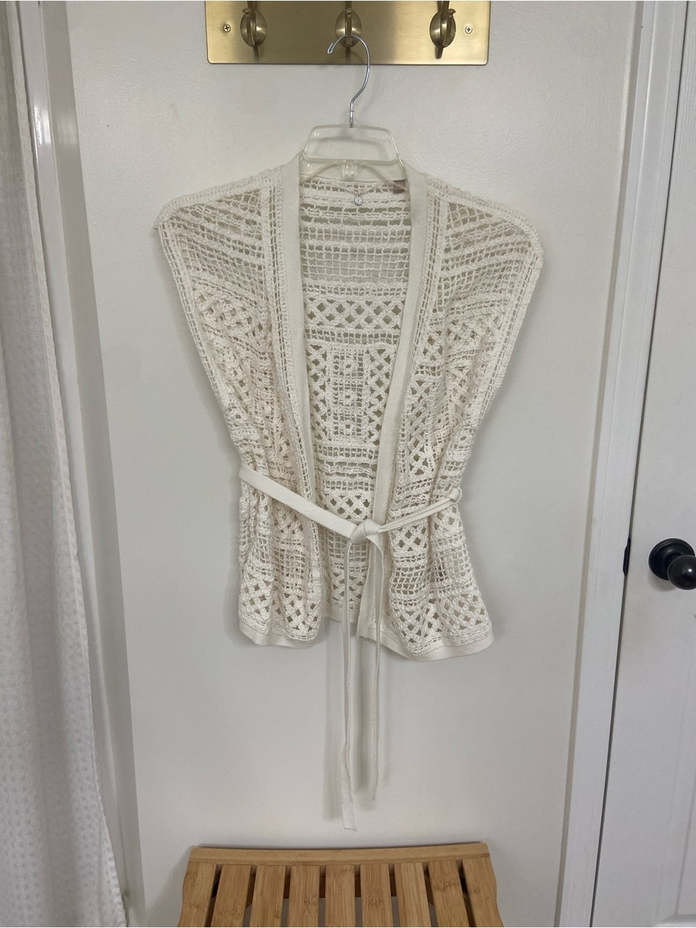 Knitted & Knotted Anthropologie Crochet Open Knit Belted Vest Small Ivory Boho